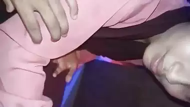 Shy girlfriend sucking dick of lover through pant zip open